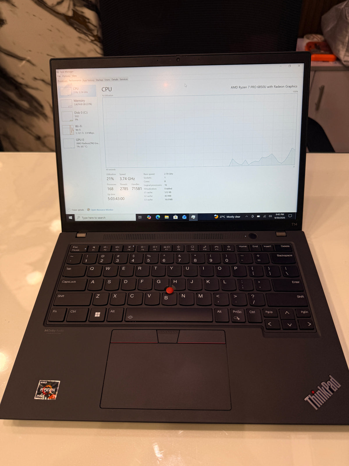 Lenovo ThinkPad T14 — Ryzen 7 PRO 6850U | 16GB RAM | 512GB SSD | Touchscreen
